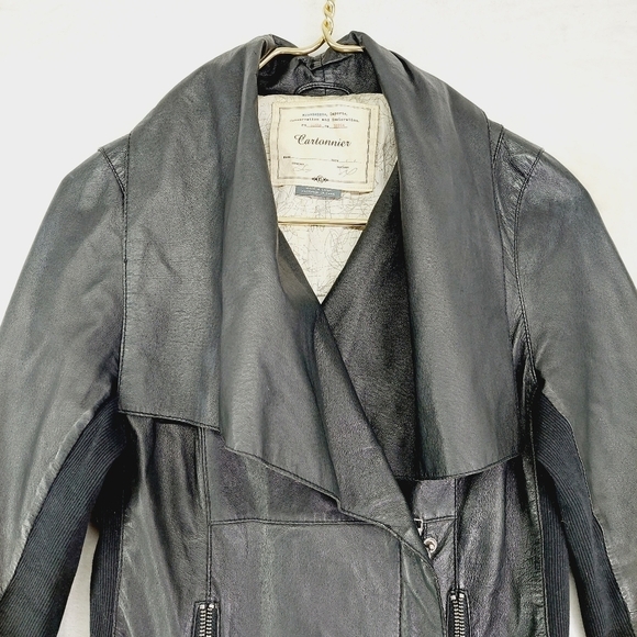 Cartonnier Black Leather Asymmetric Zip Up Moto Metall Leather Jacket P2948 - Picture 2 of 7